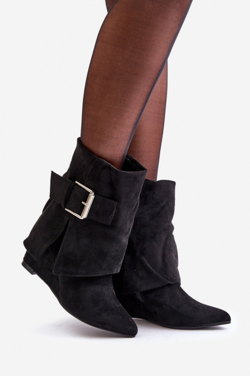 Wedge Ankle Boots With Rolled Shaft And Buckle Eco Suede Black Vortinia Wedge Ankle Boots With Rolled Shaft And Buckle Eco Suede Black Vortinia