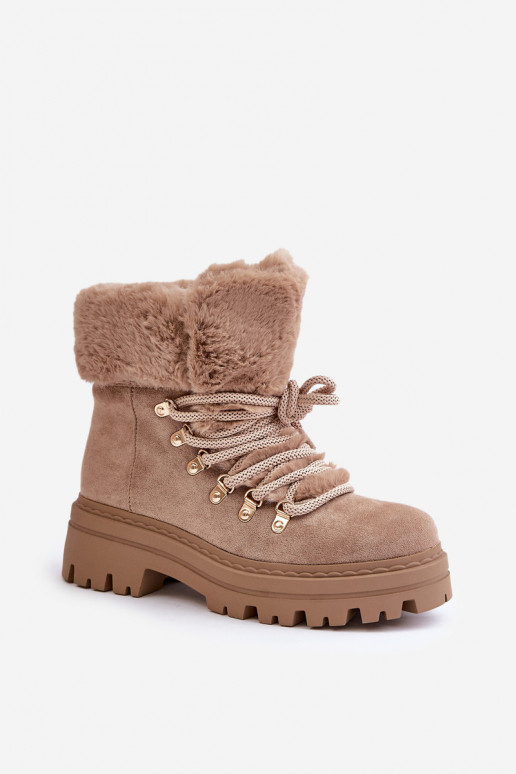 Lace Up Women Boots With Fur Dark Beige Vaminia