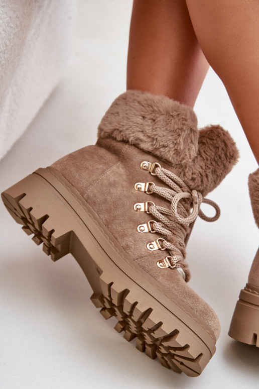 Lace Up Women Boots With Fur Dark Beige Vaminia