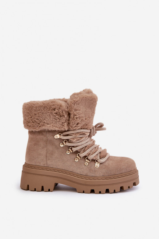 Sznurowane Trapery Damskie Z Futerkiem Ciemnobeżowe Vaminia