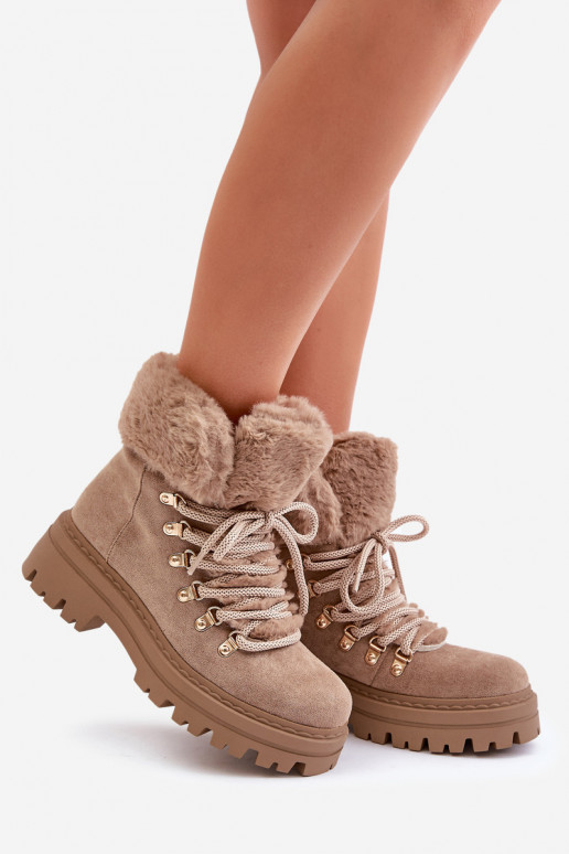 Lace Up Women Boots With Fur Dark Beige Vaminia