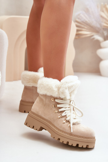 Lace-Up Women's Ankle Boots with Fur Light Beige Vaminia 2