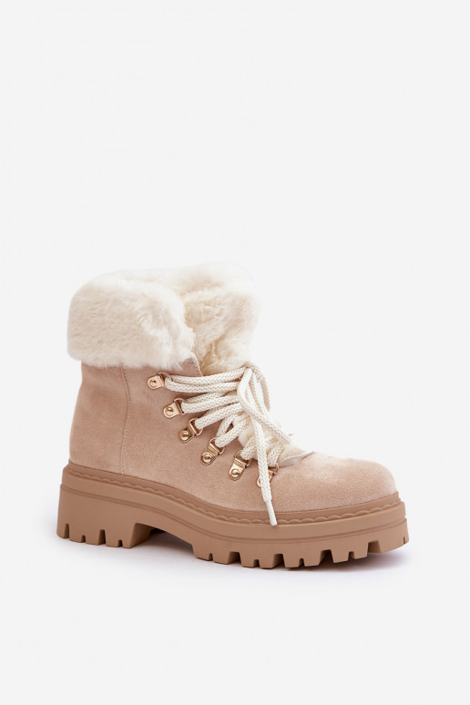Lace-Up Women's Ankle Boots with Fur Light Beige Vaminia