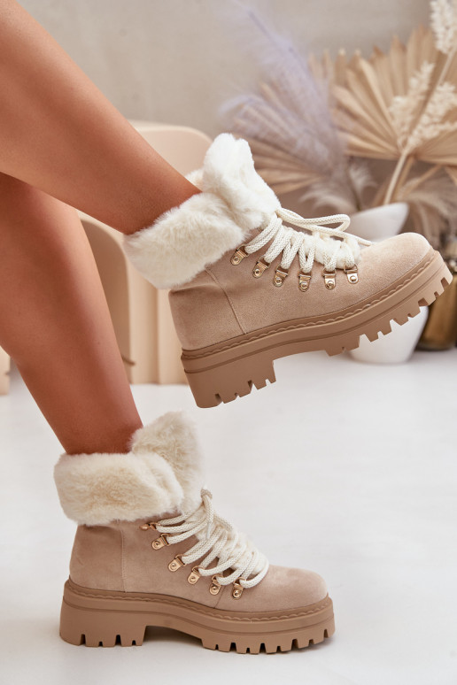 Lace-Up Women's Ankle Boots with Fur Light Beige Vaminia
