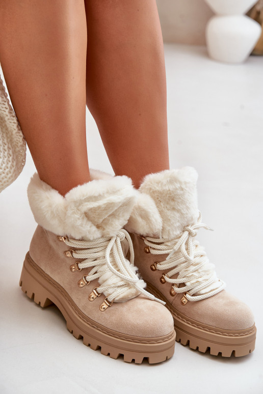 Lace-Up Women's Ankle Boots with Fur Light Beige Vaminia