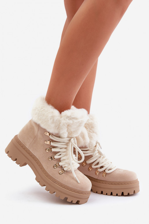 Lace-Up Women's Ankle Boots with Fur Light Beige Vaminia