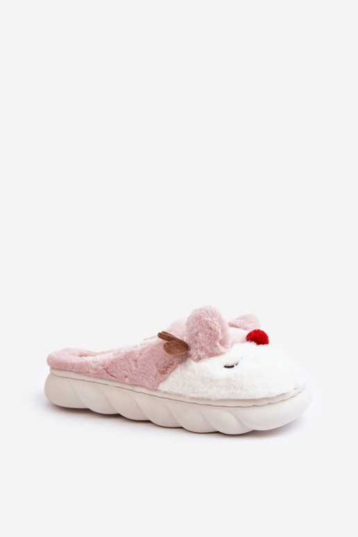 Faux Fur Women Slippers With Reindeer Pattern Pink Wistira