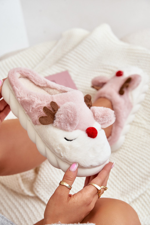Faux Fur Women Slippers With Reindeer Pattern Pink Wistira