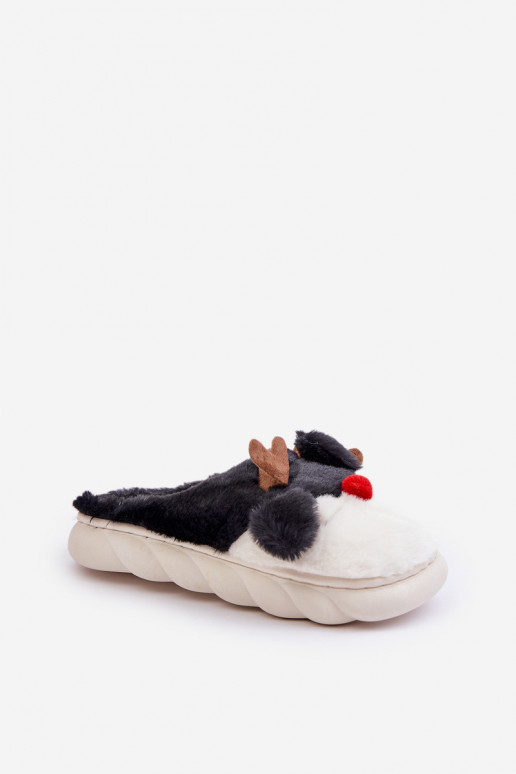 Womens Fur Slippers With Reindeer Motif Black Wistira Womens Fur Slippers With Reindeer Motif Black Wistira