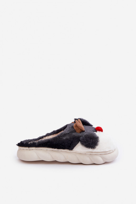 Womens Fur Slippers With Reindeer Motif Black Wistira Womens Fur Slippers With Reindeer Motif Black Wistira