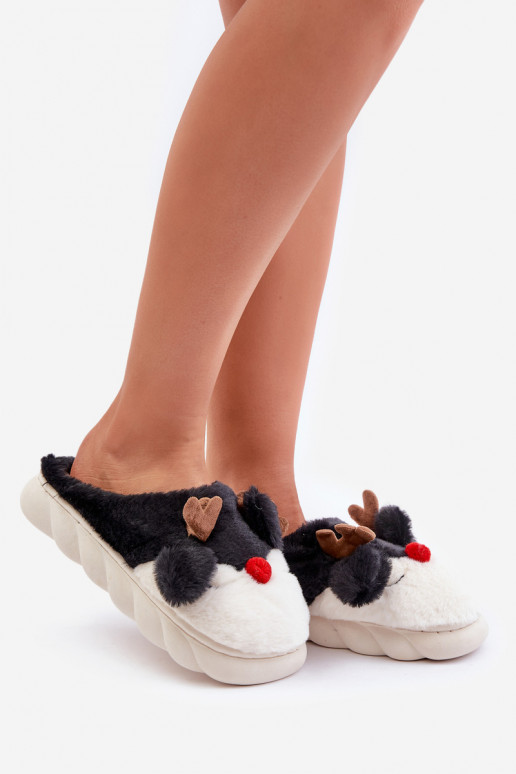 Womens Fur Slippers With Reindeer Motif Black Wistira Womens Fur Slippers With Reindeer Motif Black Wistira