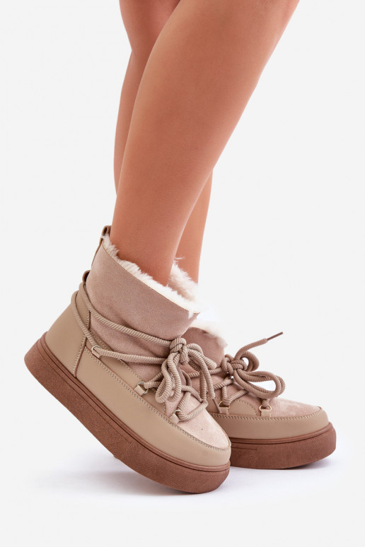 Women's Snow Boots On Platform Insulated With Fur Beige Aziara Women's Snow Boots On Platform Insulated With Fur Beige Aziara