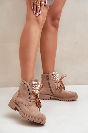 Suede Warm Ankle Boots With Pearls And Ribbon Beige Perla 2
