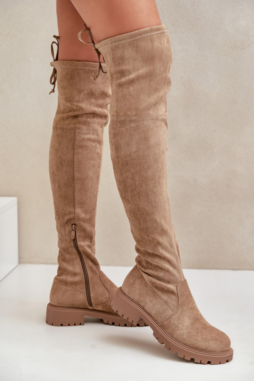 Knee High Boots On Flat Heel Made Of Eco Suede Beige Arkelia Knee High Boots On Flat Heel Made Of Eco Suede Beige Arkelia