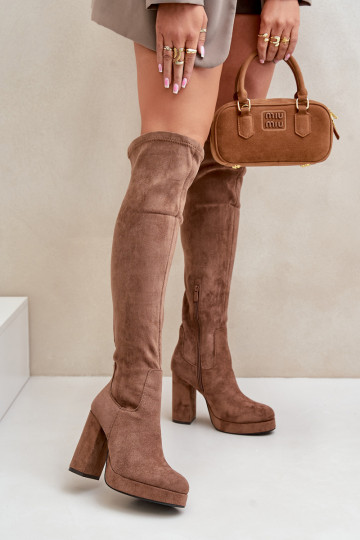 Knee High Platform Heeled Boots Eco Suede Dark Beige Zistaria 2