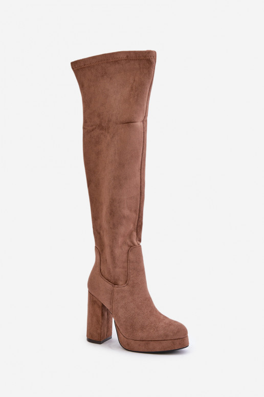 Knee High Platform Heeled Boots Eco Suede Dark Beige Zistaria