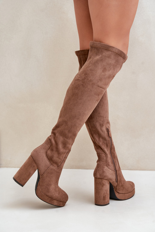 Knee High Platform Heeled Boots Eco Suede Dark Beige Zistaria