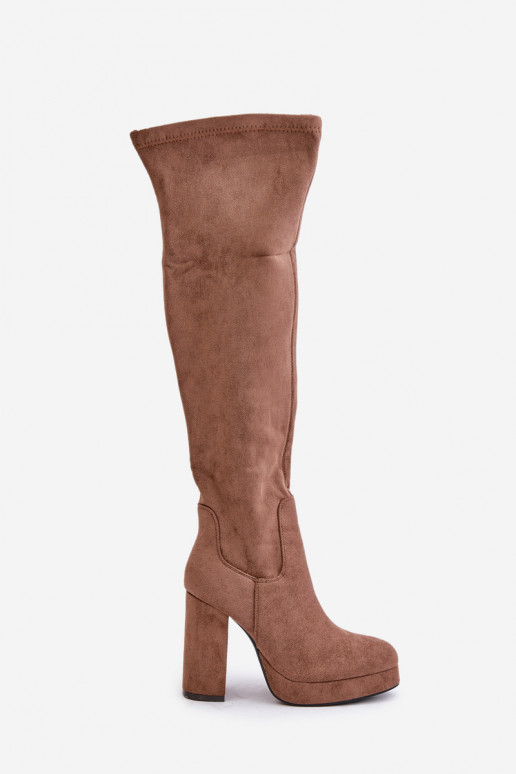 Knee High Platform Heeled Boots Eco Suede Dark Beige Zistaria