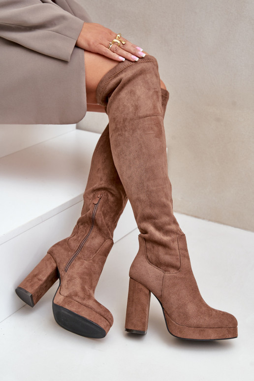 Knee High Platform Heeled Boots Eco Suede Dark Beige Zistaria