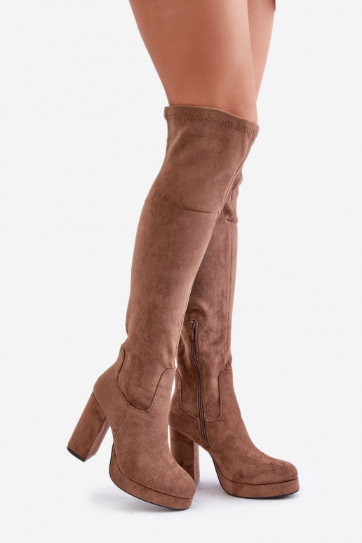 Knee High Platform Heeled Boots Eco Suede Dark Beige Zistaria