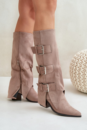 Knee High Heeled Boots With Folded Shaft And Buckles Beige Vamissa 2