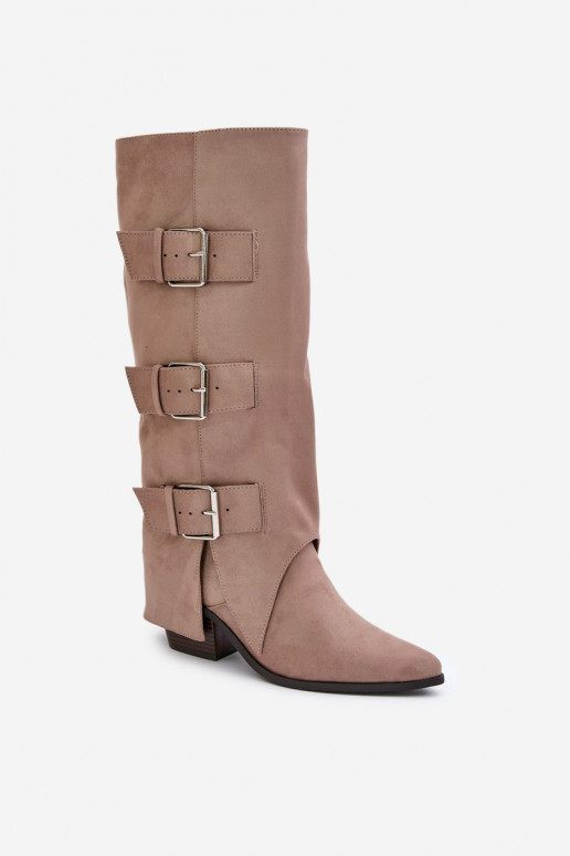 Knee High Heeled Boots With Folded Shaft And Buckles Beige Vamissa