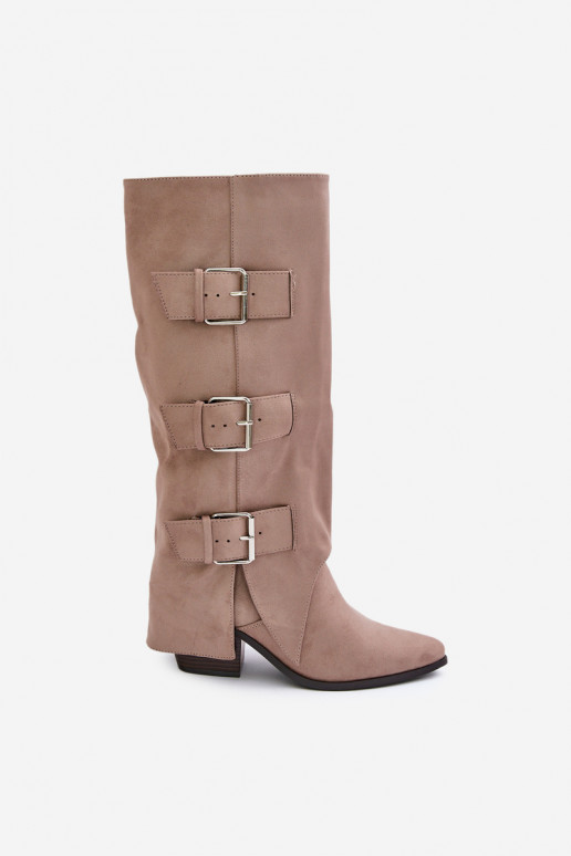 Knee High Heeled Boots With Folded Shaft And Buckles Beige Vamissa