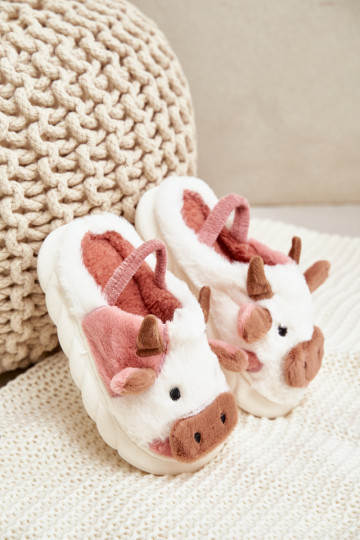 Children's Furry Slippers With Cow Motif Pink Tamorrin 2