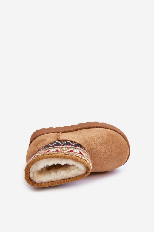 Slip On Snow Boots For Kids With Patterned Insert Lined With Fur Camel Mirirae