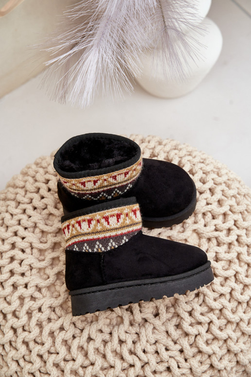 Slip On Snow Boots For Children With Patterned Insert Insulated With Fur Black Mirirae