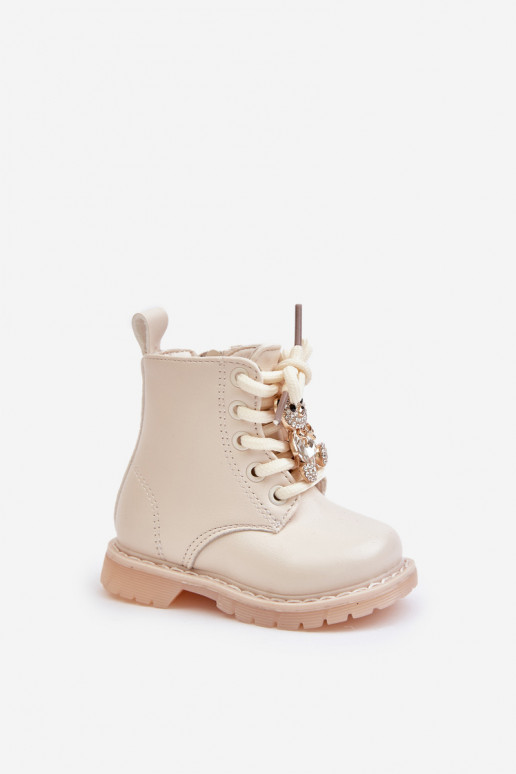Warm Children's Boots With Teddy Bear On Zipper Beige Enchanta
