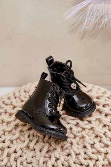 Warm Patent Leather Kids Boots With Bear And Zipper Black Enchanta 2