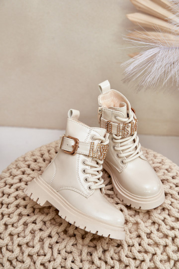 Girls Patent Boots Insulated With Decorative Strap Beige Gilian 2