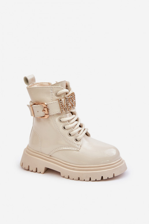 Girls Patent Boots Insulated With Decorative Strap Beige Gilian