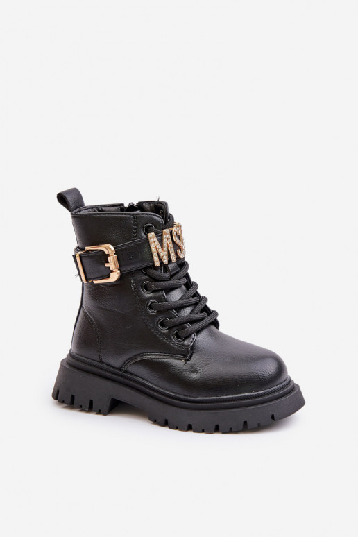 Girls' eco-leather boots insulated with a decorative strap black Gilian