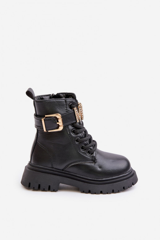 Girls' eco-leather boots insulated with a decorative strap black Gilian