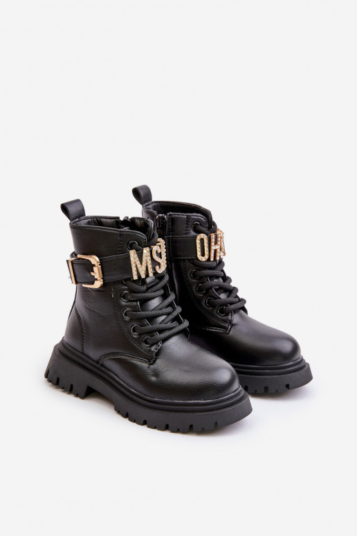 Girls' eco-leather boots insulated with a decorative strap black Gilian