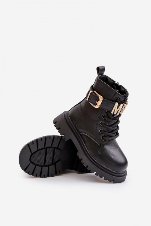 Girls' eco-leather boots insulated with a decorative strap black Gilian