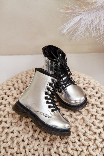 Lined Girls Patent Ankle Boots with Zip Silver Novita 2