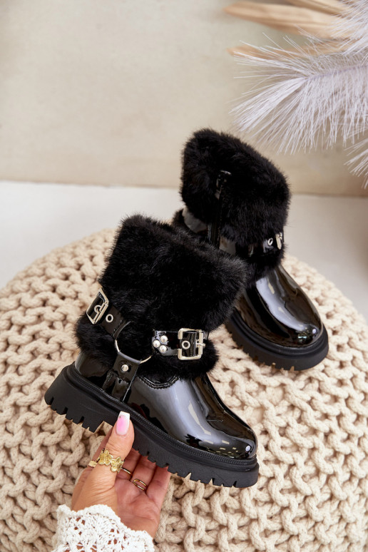 Lacquered Girls Boots With Fur And Buckles Black Cartemes Lacquered Girls Boots With Fur And Buckles Black Cartemes