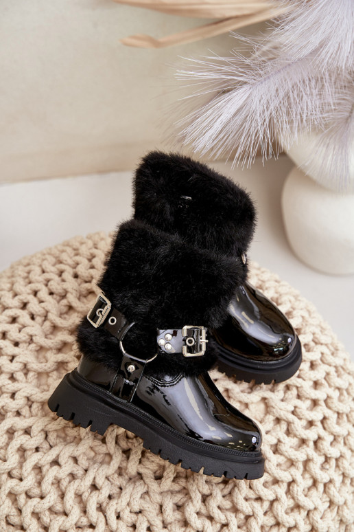 Lacquered Girls Boots With Fur And Buckles Black Cartemes Lacquered Girls Boots With Fur And Buckles Black Cartemes