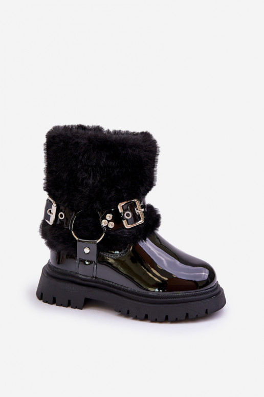 Lacquered Girls Boots With Fur And Buckles Black Cartemes Lacquered Girls Boots With Fur And Buckles Black Cartemes