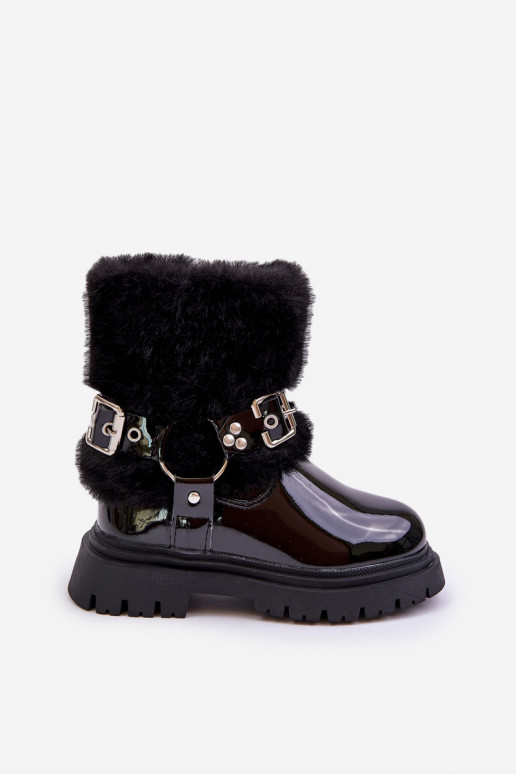 Lacquered Girls Boots With Fur And Buckles Black Cartemes Lacquered Girls Boots With Fur And Buckles Black Cartemes