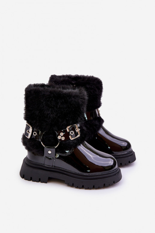 Lacquered Girls Boots With Fur And Buckles Black Cartemes Lacquered Girls Boots With Fur And Buckles Black Cartemes