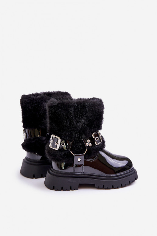 Lacquered Girls Boots With Fur And Buckles Black Cartemes Lacquered Girls Boots With Fur And Buckles Black Cartemes