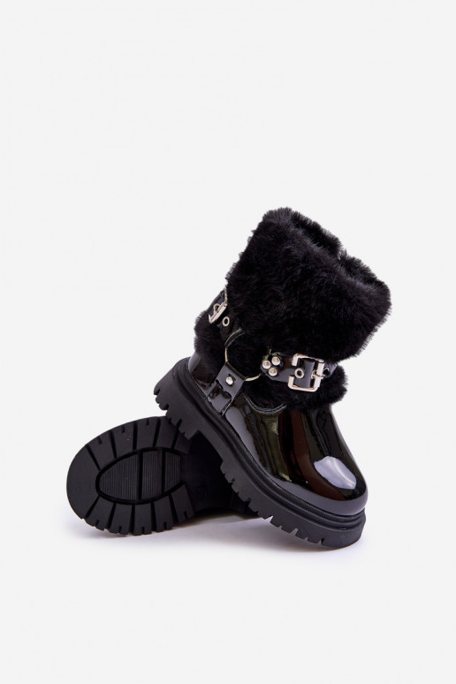 Lacquered Girls Boots With Fur And Buckles Black Cartemes Lacquered Girls Boots With Fur And Buckles Black Cartemes