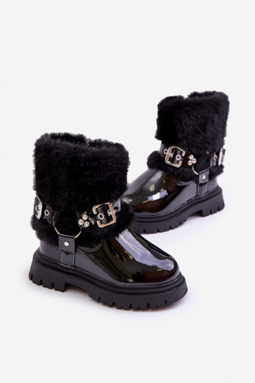 Lacquered Girls Boots With Fur And Buckles Black Cartemes Lacquered Girls Boots With Fur And Buckles Black Cartemes