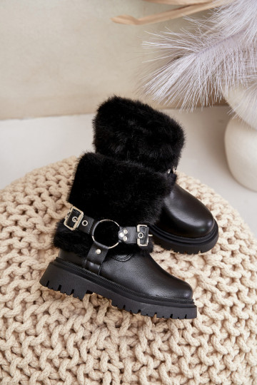 Eco Leather Girls Boots With Fur And Buckles Black Cartemes 2