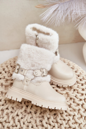 Eco Leather Girls Ankle Boots With Fur And Buckles Beige Cartemes 2