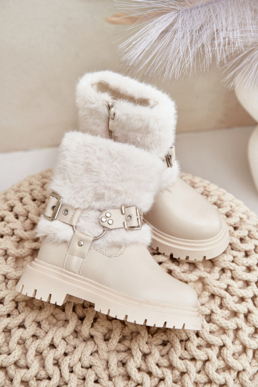 Eco Leather Girls Ankle Boots With Fur And Buckles Beige Cartemes